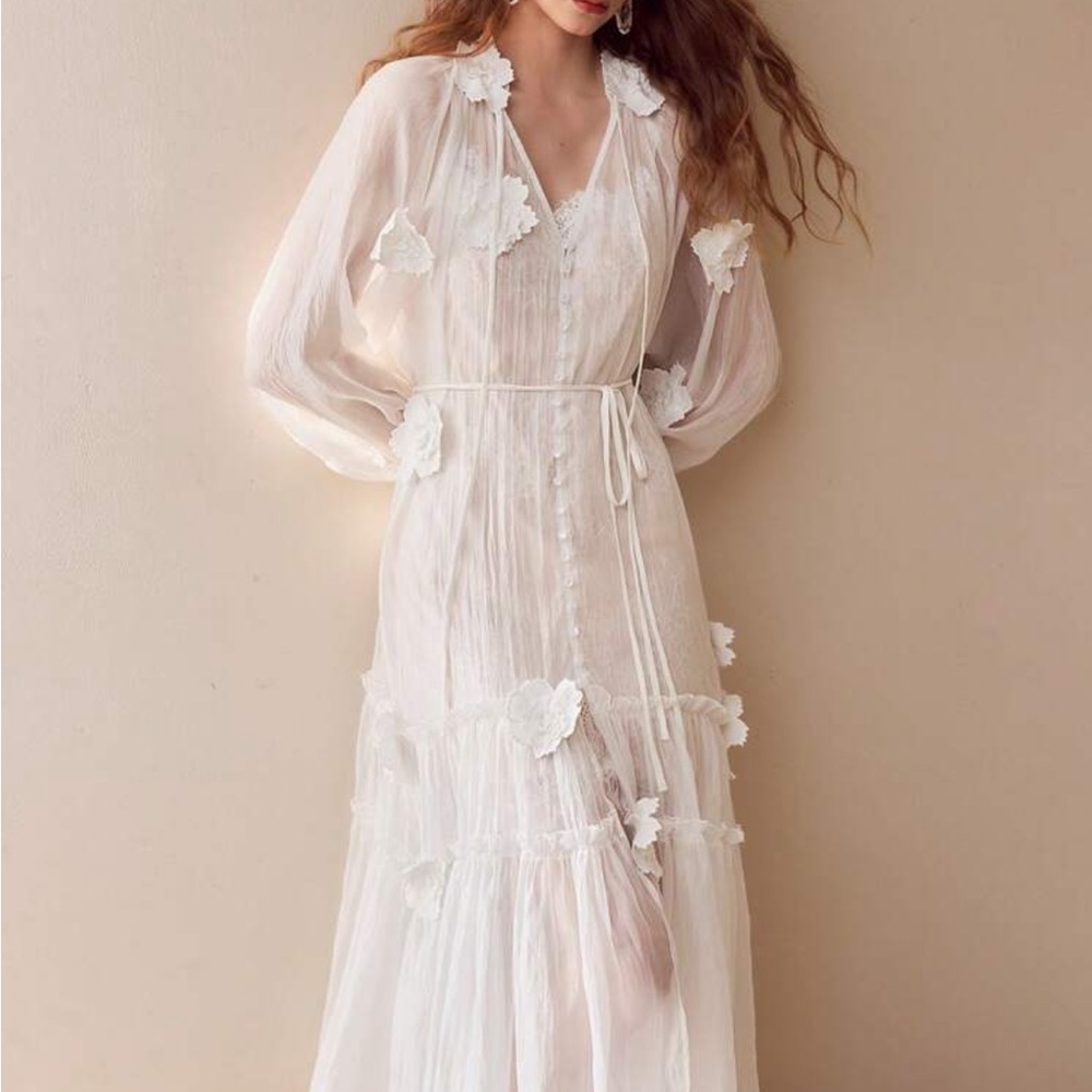 Ethereal White Floral-Appliqué Long Dress